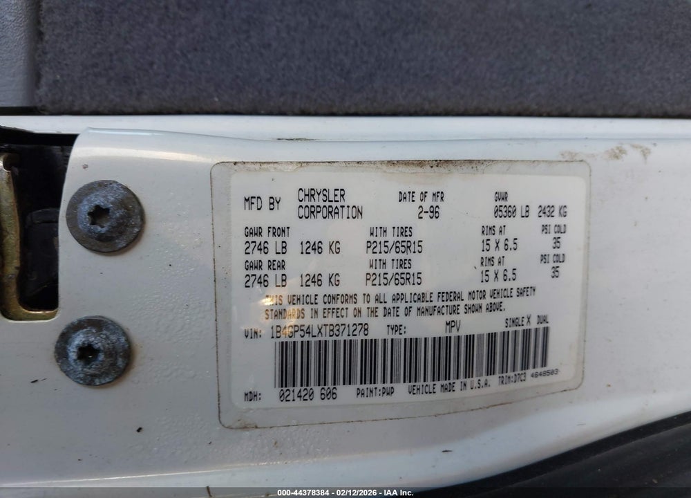 1996 DODGE GRAND CARAVAN LE/ES VIN: 1B4GP54LXTB371278