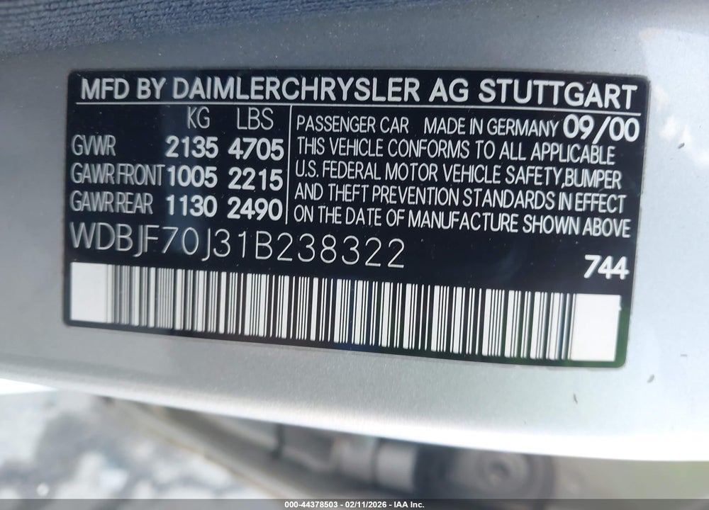 2001 MERCEDES-BENZ E 430 VIN: WDBJF70J31B238322