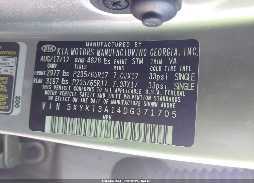 2013 KIA SORENTO LX VIN: 5XYKT3A14DG371705
