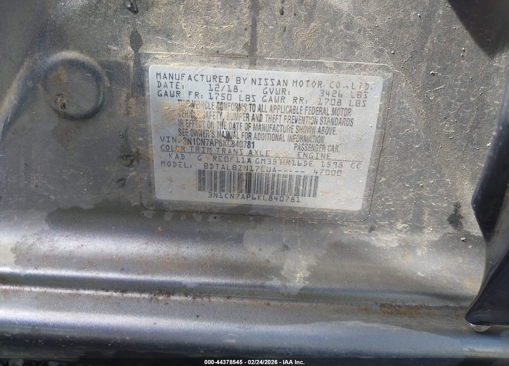 2019 NISSAN VERSA 1.6 SV VIN: 3N1CN7AP6KL840781