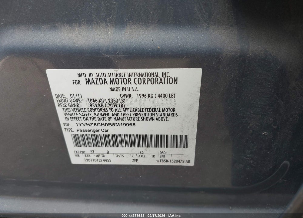 2011 MAZDA 6 I TOURING VIN: 1YVHZ8CH0B5M19068