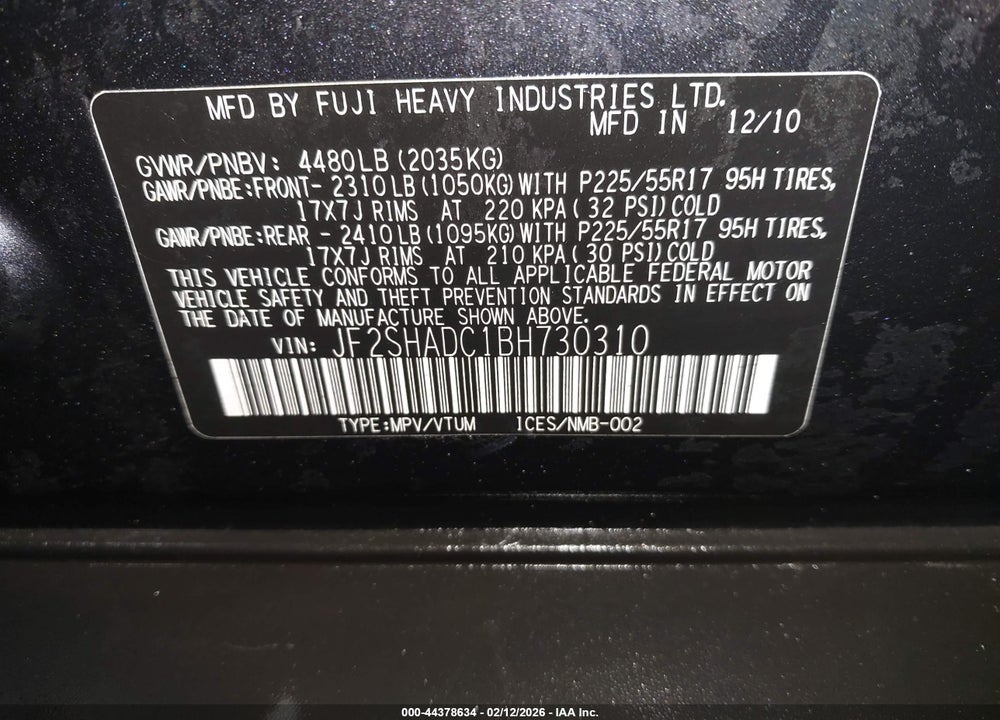 2011 SUBARU FORESTER 2.5X PREMIUM VIN: JF2SHADC1BH730310