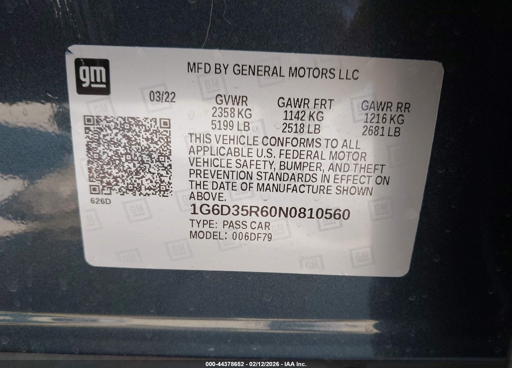 2022 CADILLAC CT5-V V-SERIES BLACKWING VIN: 1G6D35R60N0810560