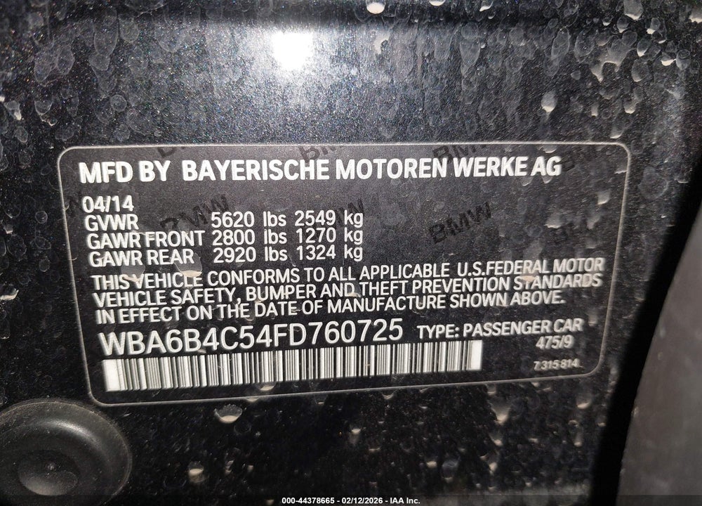 2015 BMW 650I GRAN COUPE ALPINA B6 XDRIVE/XDRIVE VIN: WBA6B4C54FD760725
