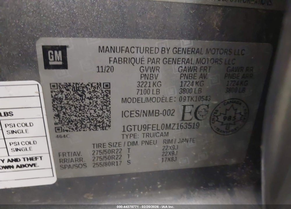 2021 GMC SIERRA 1500 DENALI VIN: 1GTU9FEL0MZ163519