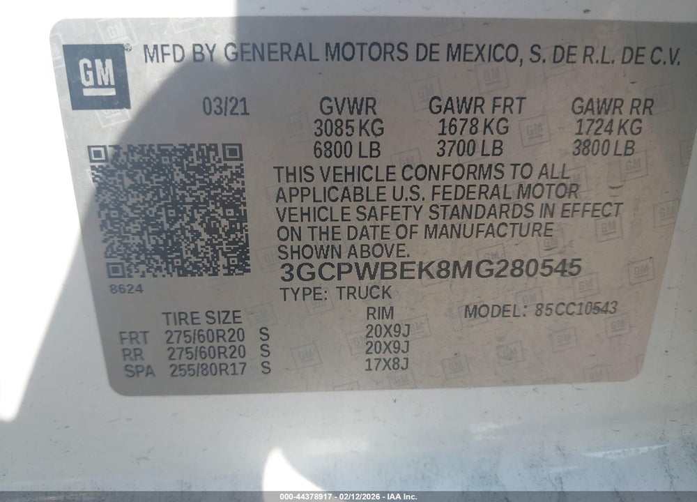 2021 CHEVROLET SILVERADO 1500 2WD  SHORT BED CUSTOM VIN: 3GCPWBEK8MG280545