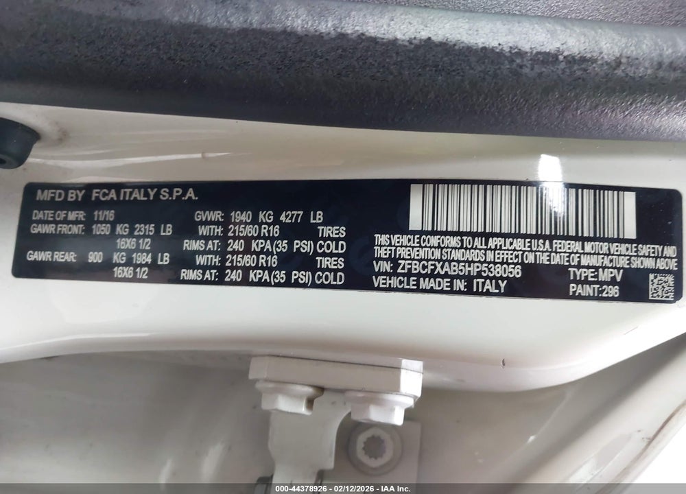 2017 FIAT 500X POP FWD VIN: ZFBCFXAB5HP538056