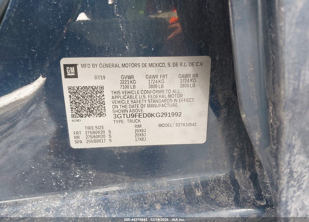 2019 GMC SIERRA 1500 DENALI VIN: 3GTU9FED0KG291992