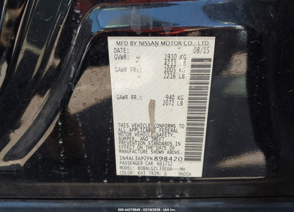 2015 NISSAN ALTIMA 2.5 S VIN: 1N4AL3AP2FN898420