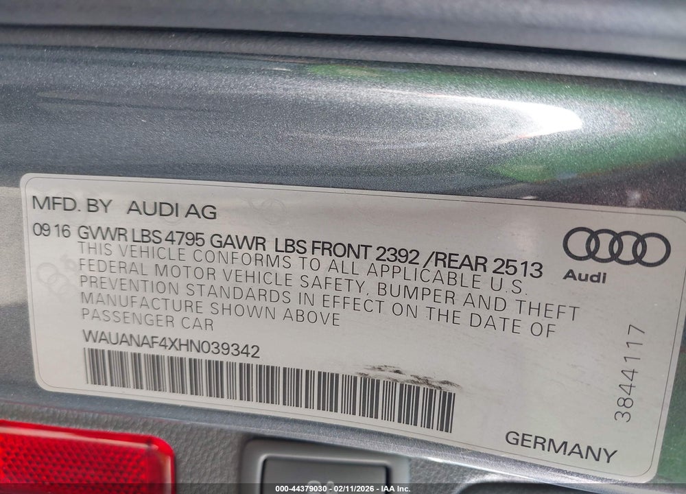 2017 AUDI A4 2.0T PREMIUM VIN: WAUANAF4XHN039342
