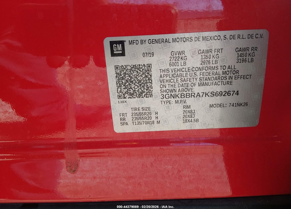 2019 CHEVROLET BLAZER VIN: 3GNKBBRA7KS692674