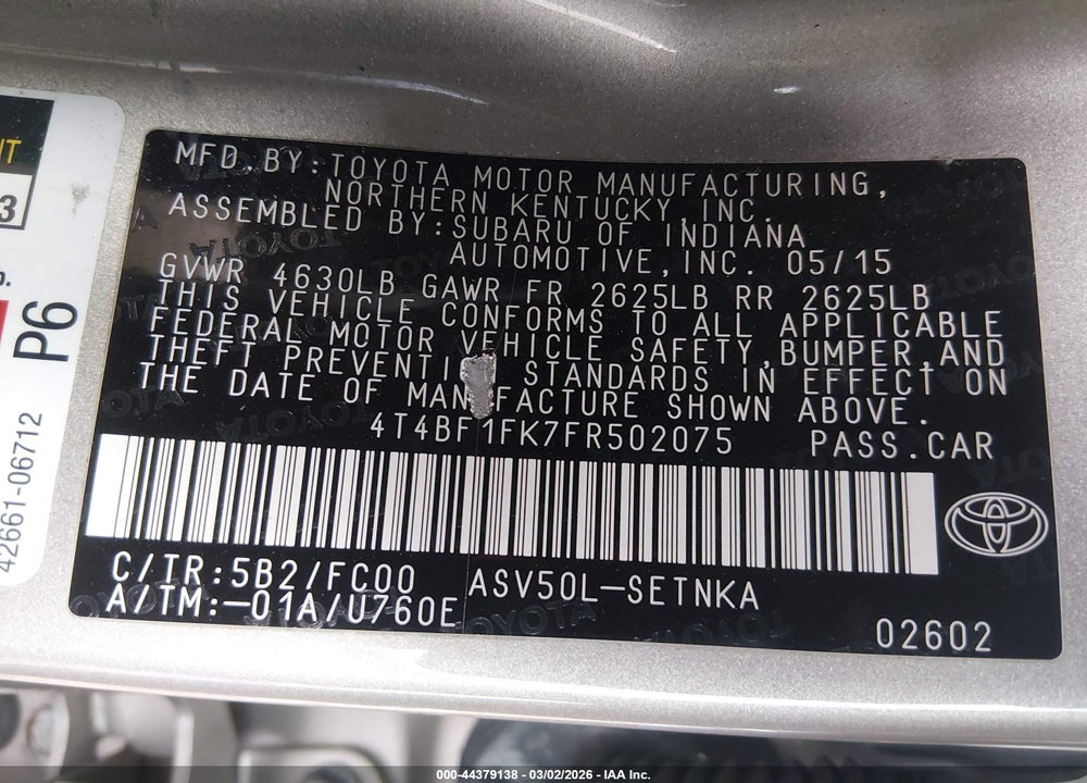2015 TOYOTA CAMRY LE VIN: 4T4BF1FK7FR502075