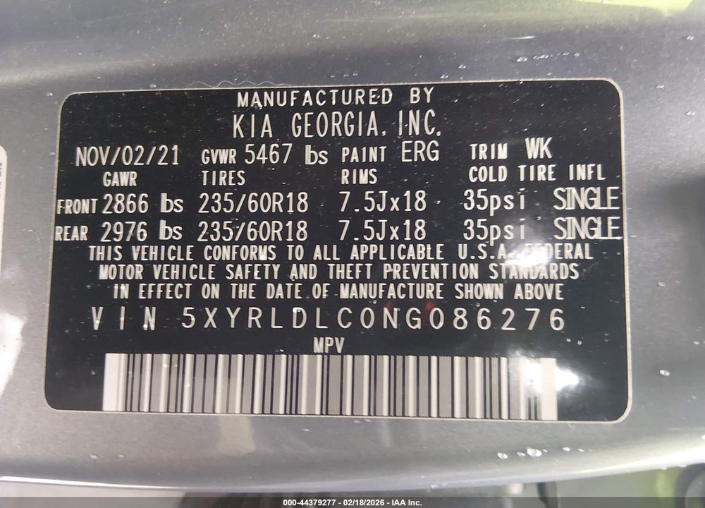 2022 KIA SORENTO X-LINE S VIN: 5XYRLDLC0NG086276
