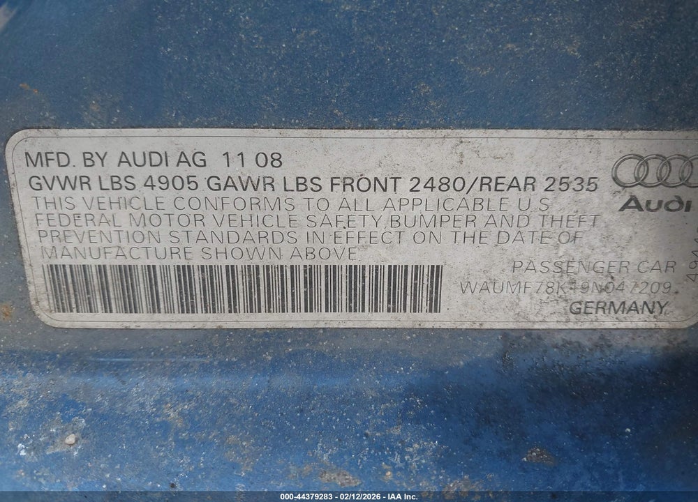 2009 AUDI A4 2.0T PREMIUM VIN: WAUMF78K19N047209