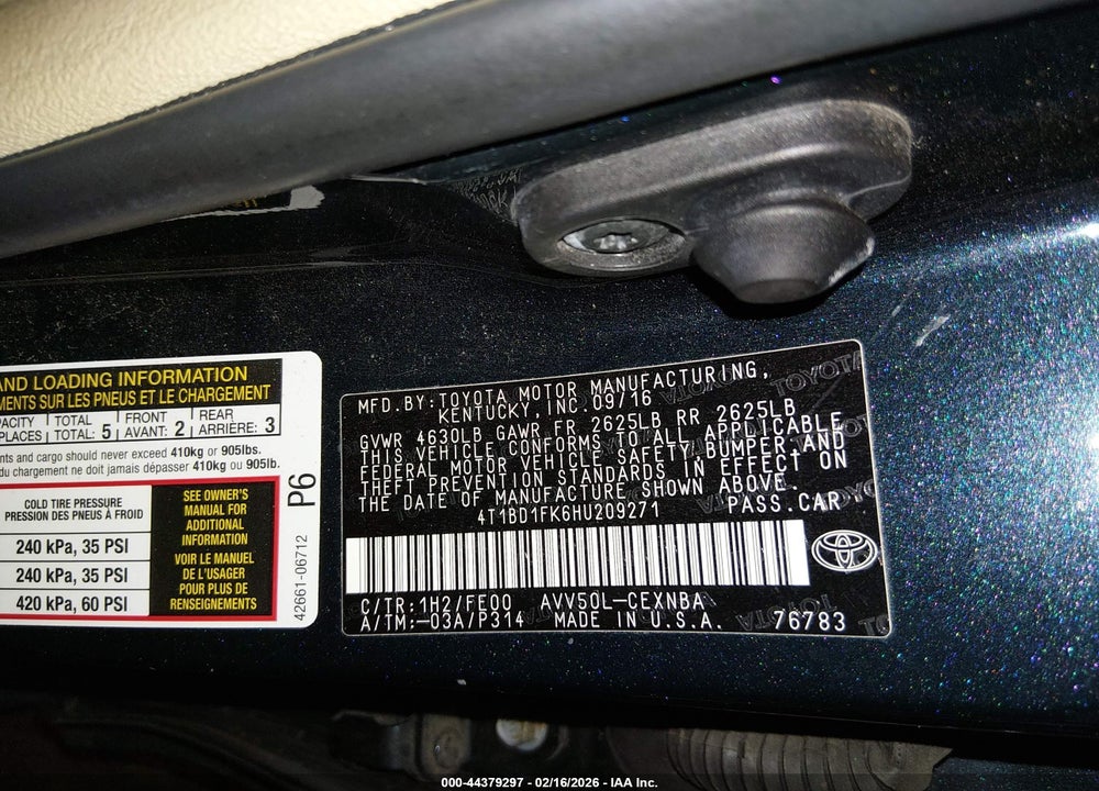 2017 TOYOTA CAMRY HYBRID LE VIN: 4T1BD1FK6HU209271