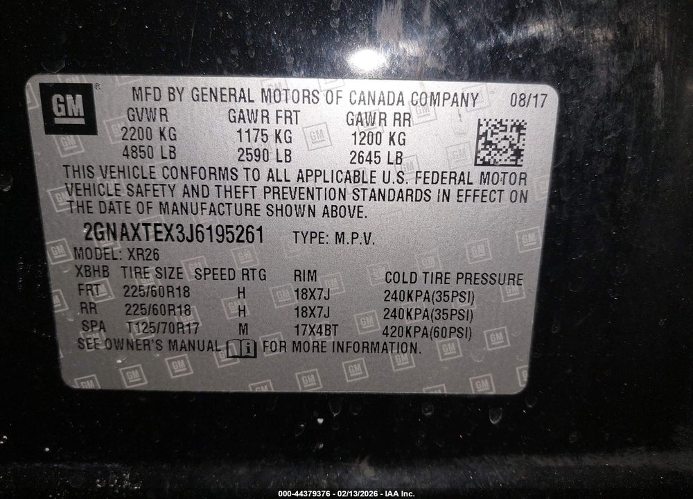 2018 CHEVROLET EQUINOX LT VIN: 2GNAXTEX3J6195261
