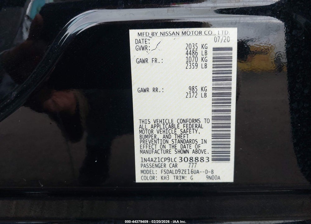 2020 NISSAN LEAF SV 40 KWH VIN: 1N4AZ1CP9LC308883