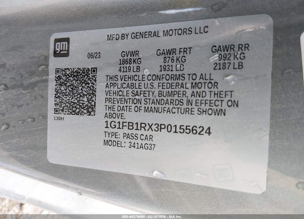 2023 CHEVROLET CAMARO RWD  1LT VIN: 1G1FB1RX3P0155624