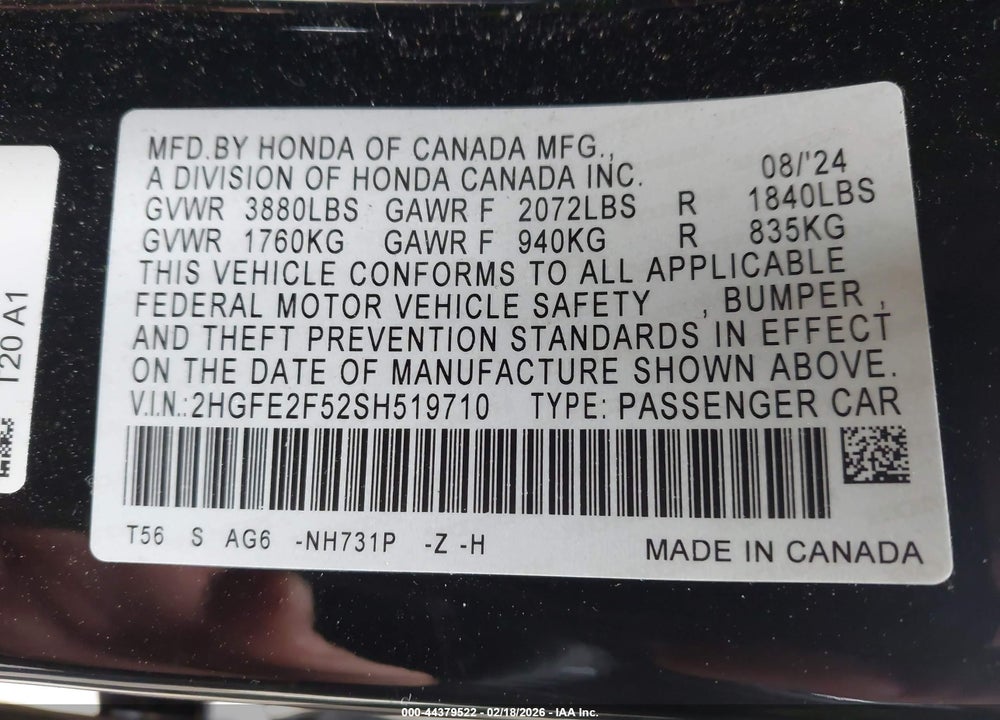 2025 HONDA CIVIC SPORT VIN: 2HGFE2F52SH519710