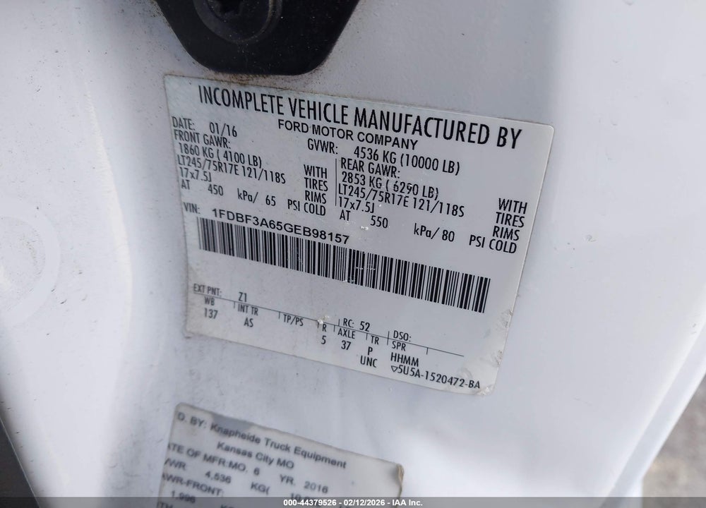 2016 FORD F-350 XL VIN: 1FDBF3A65GEB98157