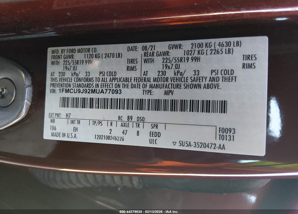 2021 FORD ESCAPE TITANIUM VIN: 1FMCU9J92MUA77093