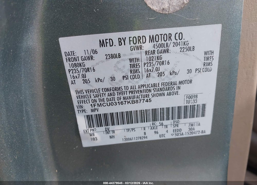 2007 FORD ESCAPE XLT/XLT SPORT VIN: 1FMCU03167KB87745
