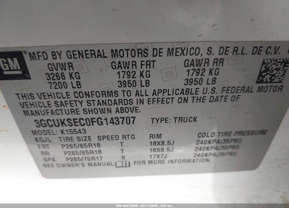 2015 CHEVROLET SILVERADO 1500 1LZ VIN: 3GCUKSEC0FG143707