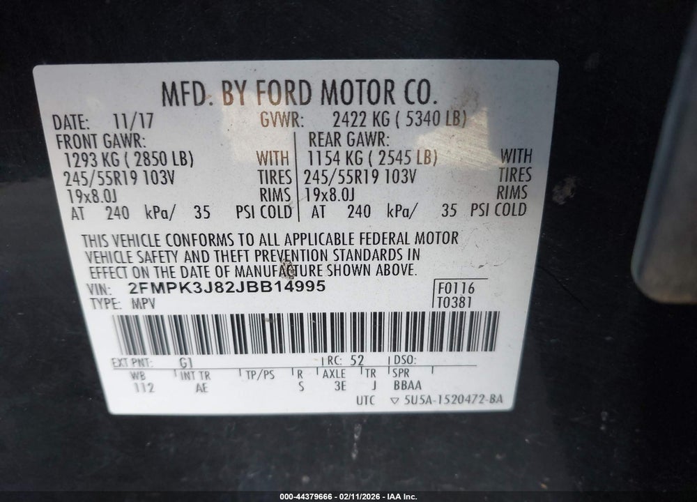 2018 FORD EDGE SEL VIN: 2FMPK3J82JBB14995