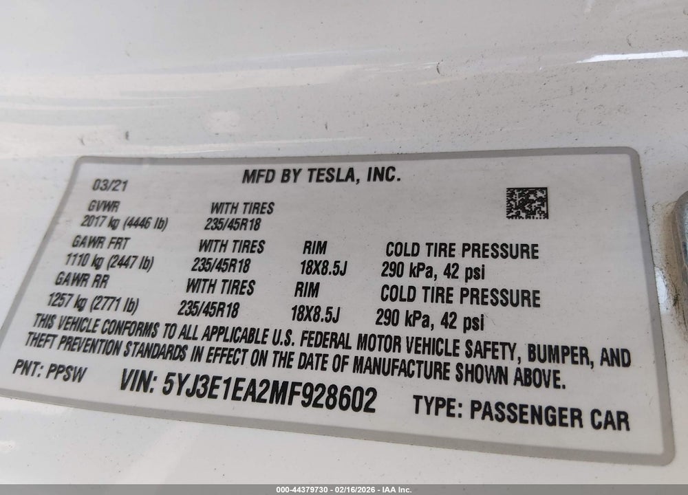 2021 TESLA MODEL 3 STANDARD RANGE PLUS REAR-WHEEL DRIVE VIN: 5YJ3E1EA2MF928602