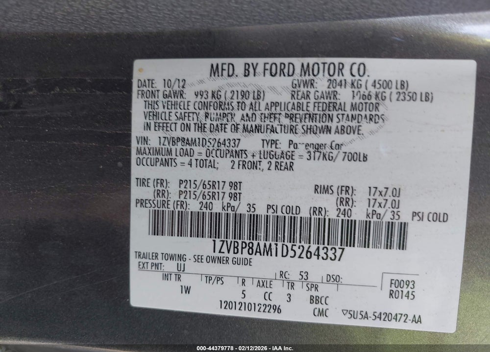 2013 FORD MUSTANG V6 VIN: 1ZVBP8AM1D5264337