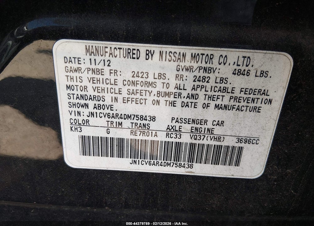 2013 INFINITI G37X VIN: JN1CV6AR4DM758438