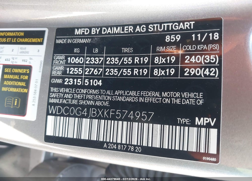 2019 MERCEDES-BENZ GLC 300 VIN: WDC0G4JBXKF574957