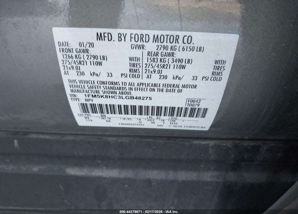 2020 FORD EXPLORER PLATINUM VIN: 1FM5K8HC3LGB48275