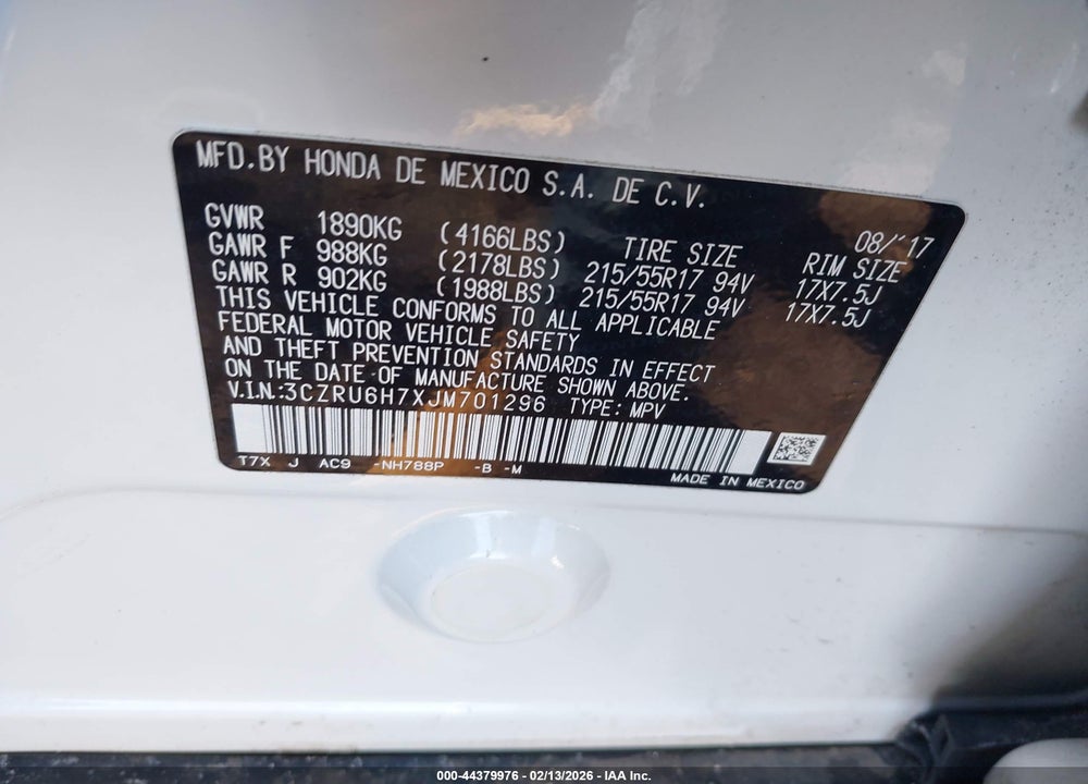 2018 HONDA HR-V EX-L VIN: 3CZRU6H7XJM701296
