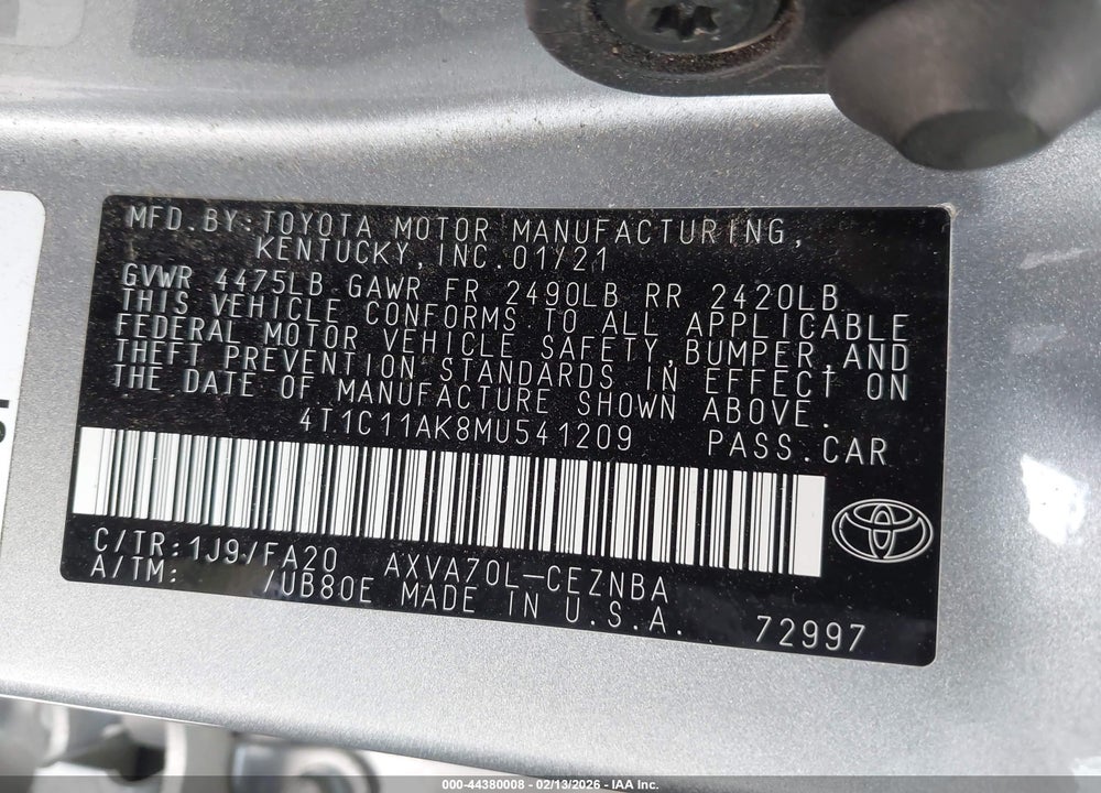 2021 TOYOTA CAMRY LE VIN: 4T1C11AK8MU541209