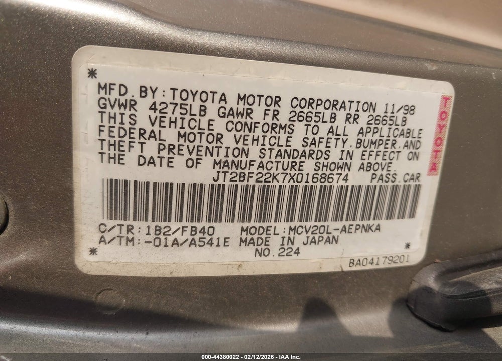 1999 TOYOTA CAMRY LE V6 VIN: JT2BF22K7X0168674