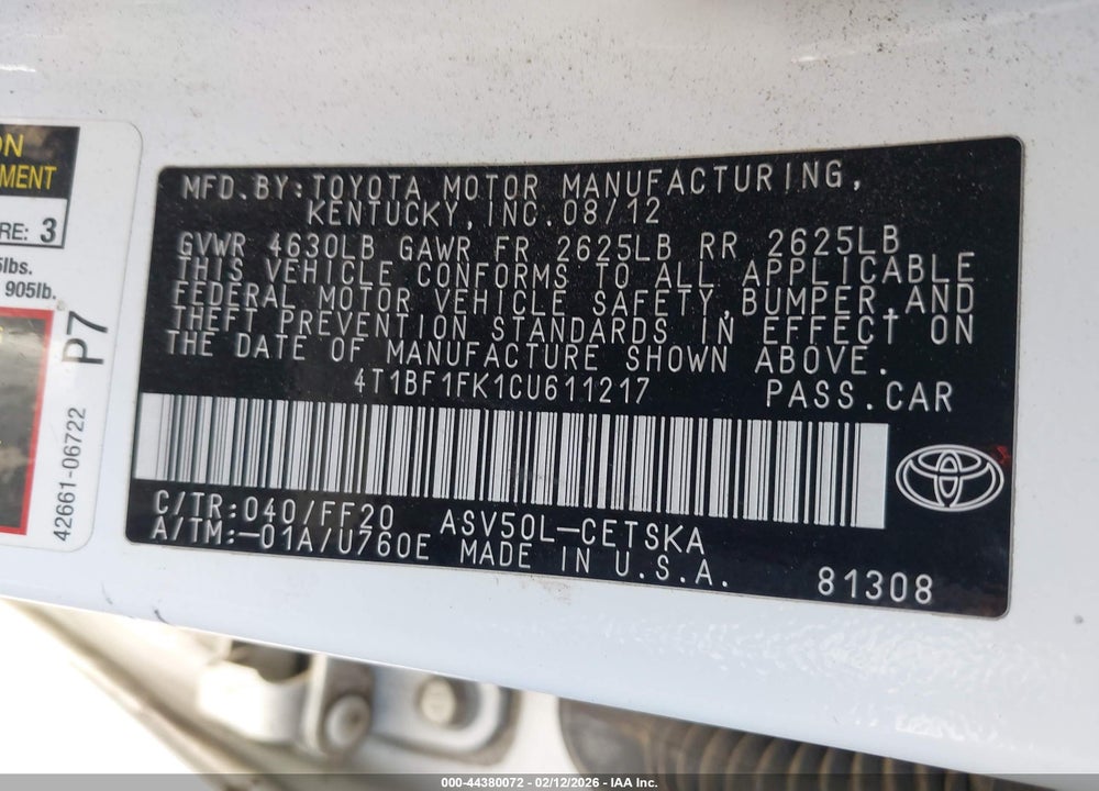 2012 TOYOTA CAMRY SE VIN: 4T1BF1FK1CU611217