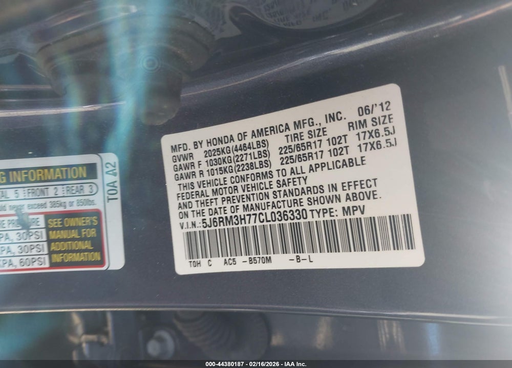 2012 HONDA CR-V EX-L VIN: 5J6RM3H77CL036330