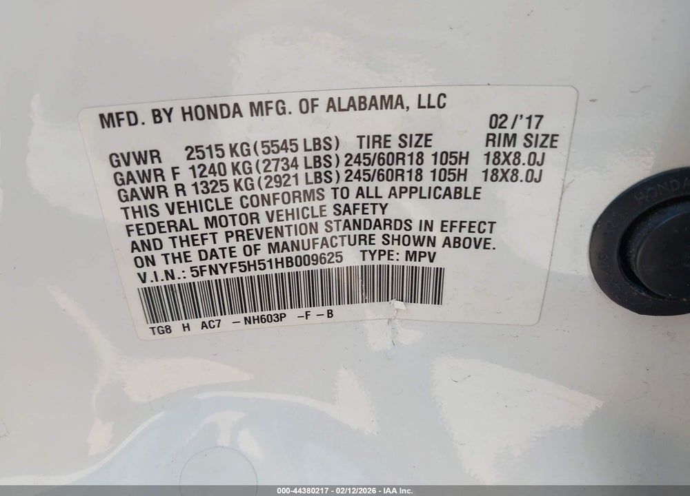 2017 HONDA PILOT EX-L VIN: 5FNYF5H51HB009625