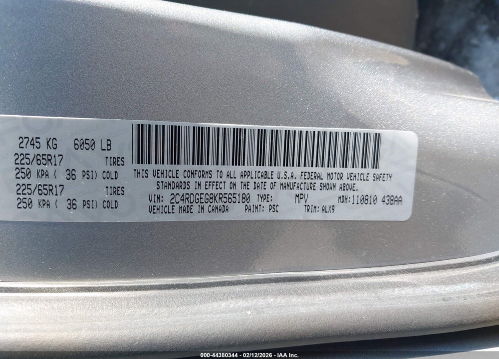 2019 DODGE GRAND CARAVAN GT VIN: 2C4RDGEG8KR565180