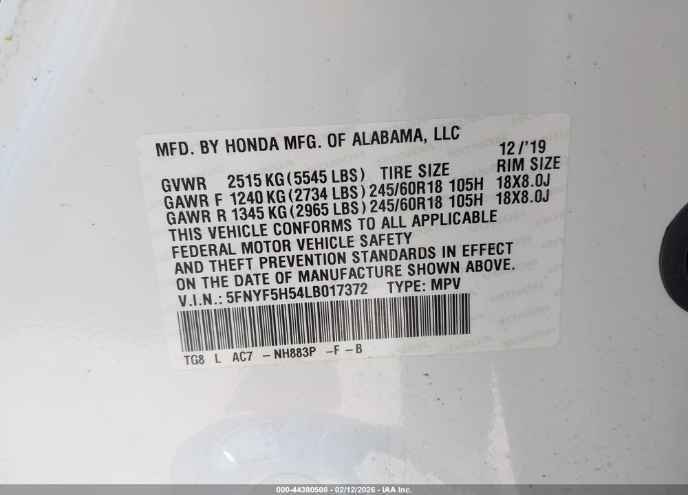 2020 HONDA PILOT 2WD EX-L VIN: 5FNYF5H54LB017372