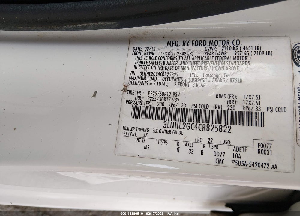 2012 LINCOLN MKZ VIN: 3LNHL2GC4CR825822