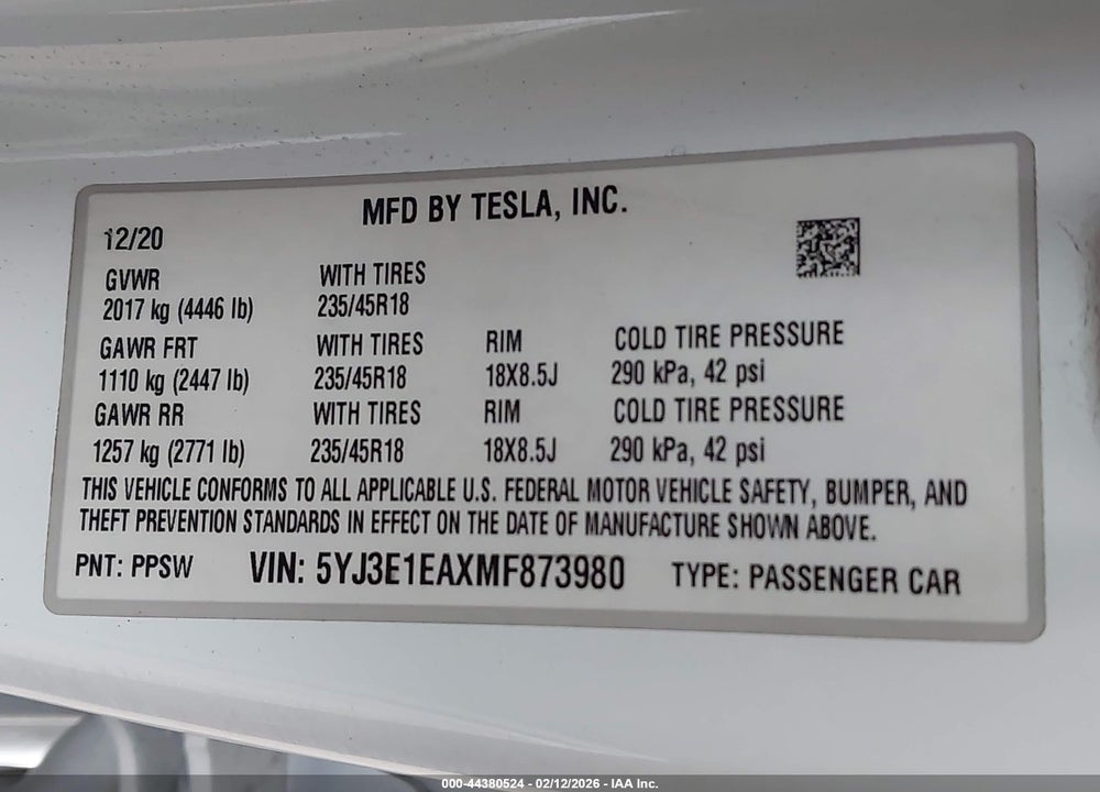 2021 TESLA MODEL 3 STANDARD RANGE PLUS REAR-WHEEL DRIVE VIN: 5YJ3E1EAXMF873980