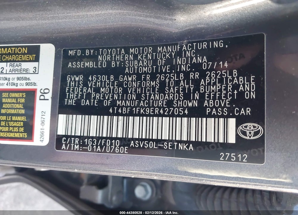 2014 TOYOTA CAMRY LE VIN: 4T4BF1FK9ER427054