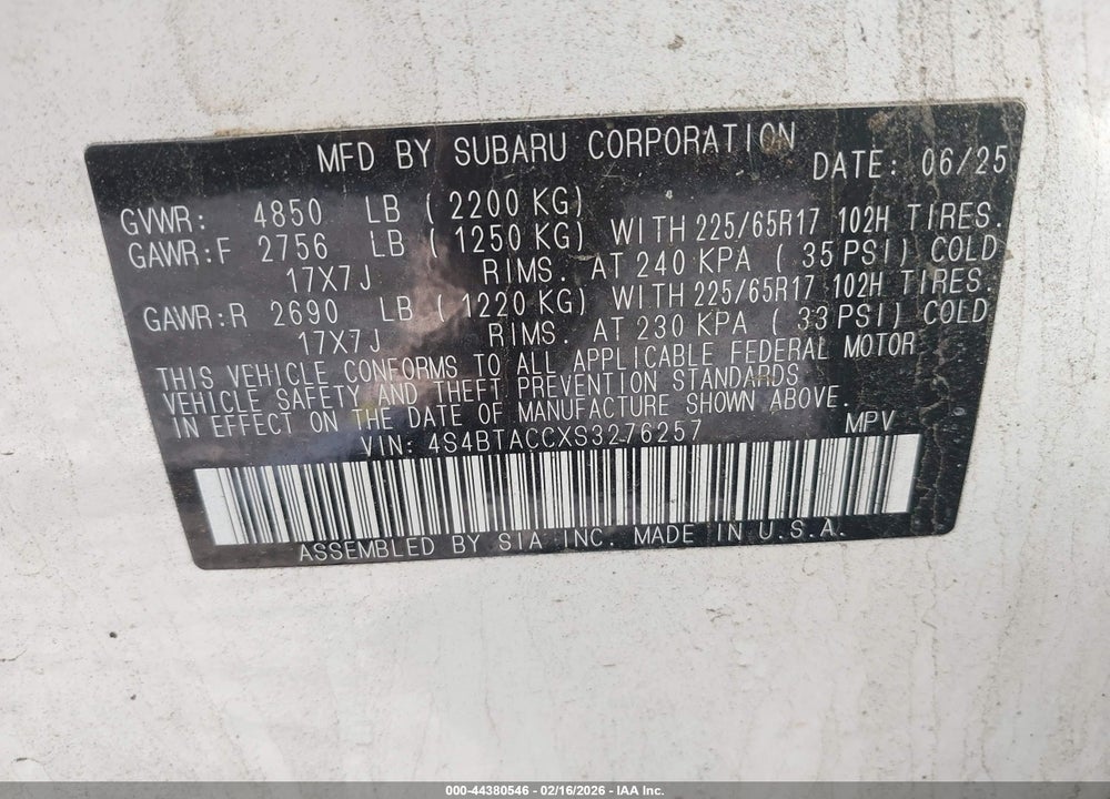 2025 SUBARU OUTBACK PREMIUM VIN: 4S4BTACCXS3276257