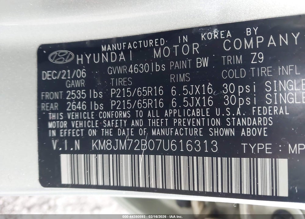 2007 HYUNDAI TUCSON GLS VIN: KM8JM72B07U616313