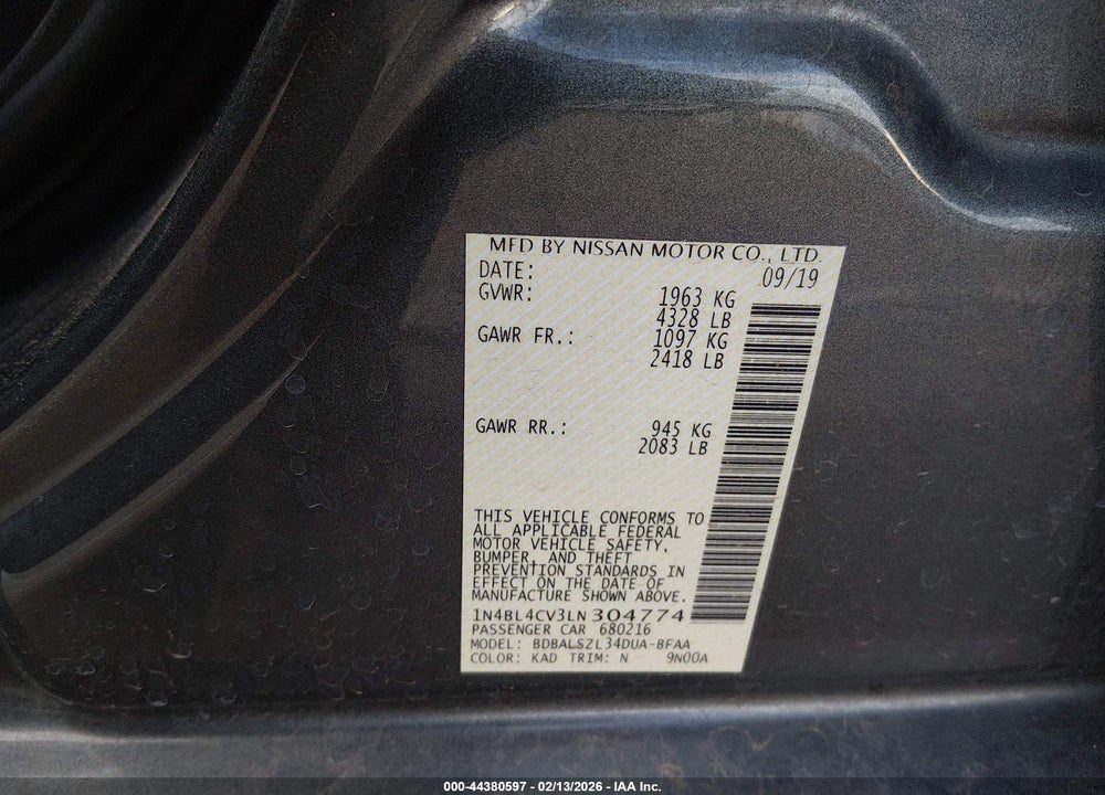 2020 NISSAN ALTIMA SR FWD VIN: 1N4BL4CV3LN304774