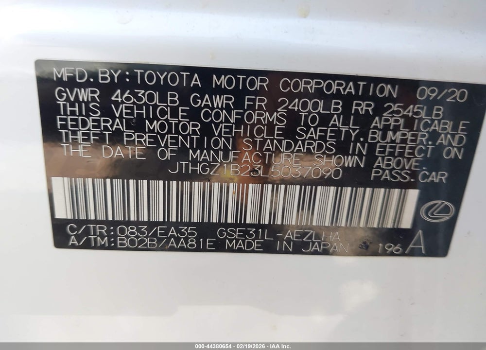 2020 LEXUS IS 350 VIN: JTHGZ1B23L5037090