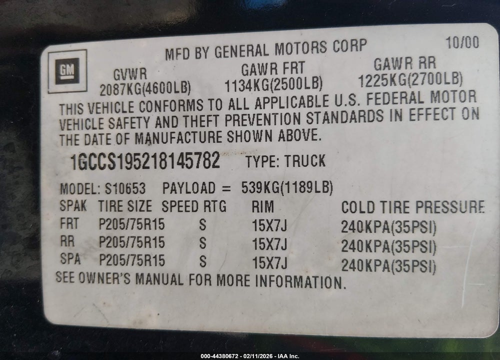 2001 CHEVROLET S-10 LS VIN: 1GCCS195218145782