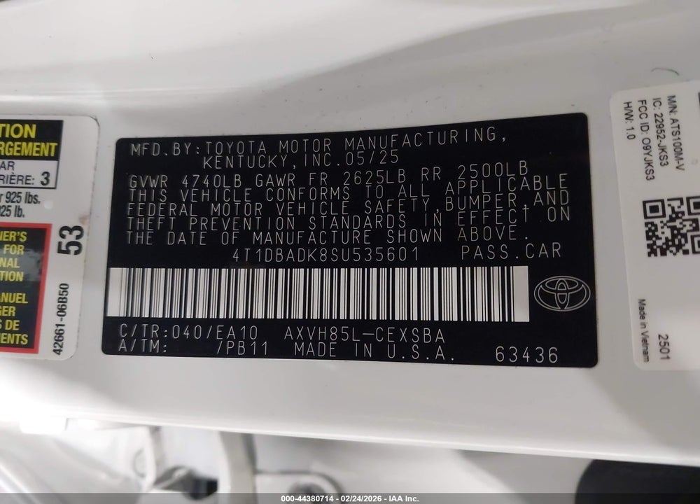 2025 TOYOTA CAMRY SE VIN: 4T1DBADK8SU535601